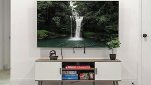Un televisor montado en una pared blanca, sobre un mueble de madera con una imagen de cascada, una cesta y una planta en maceta.
