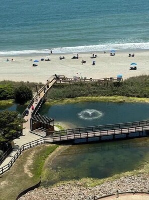 A beach with a wooden boardwalk leading to a pond with a heart-shaped water feature. - Turtle Bliss (Myrtle Beach)