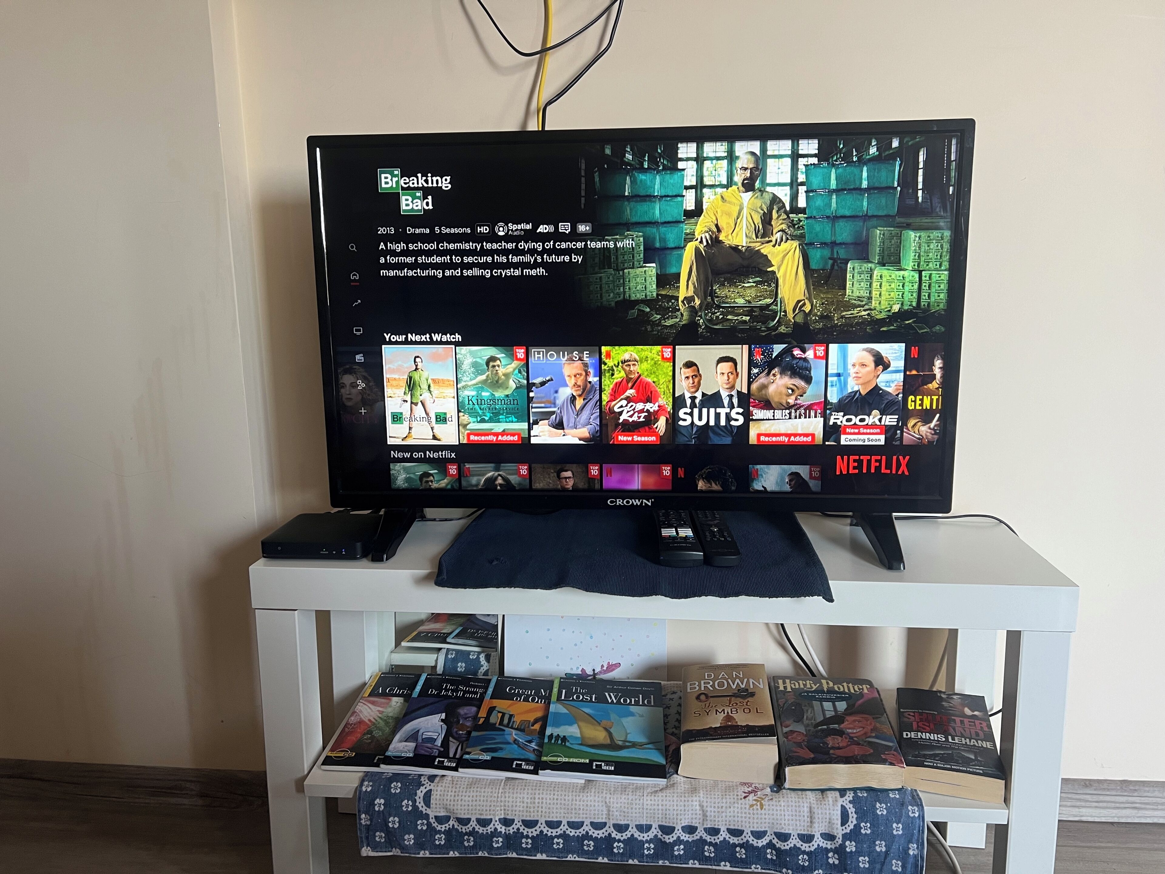 Un téléviseur posé sur un meuble blanc affiche l’interface de Netflix, avec différents programmes et films. Sous le téléviseur, on aperçoit une étagère remplie de livres.