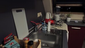Et køkken med vask, en krydderihylde i træ, kaffemaskine og en potteplante.