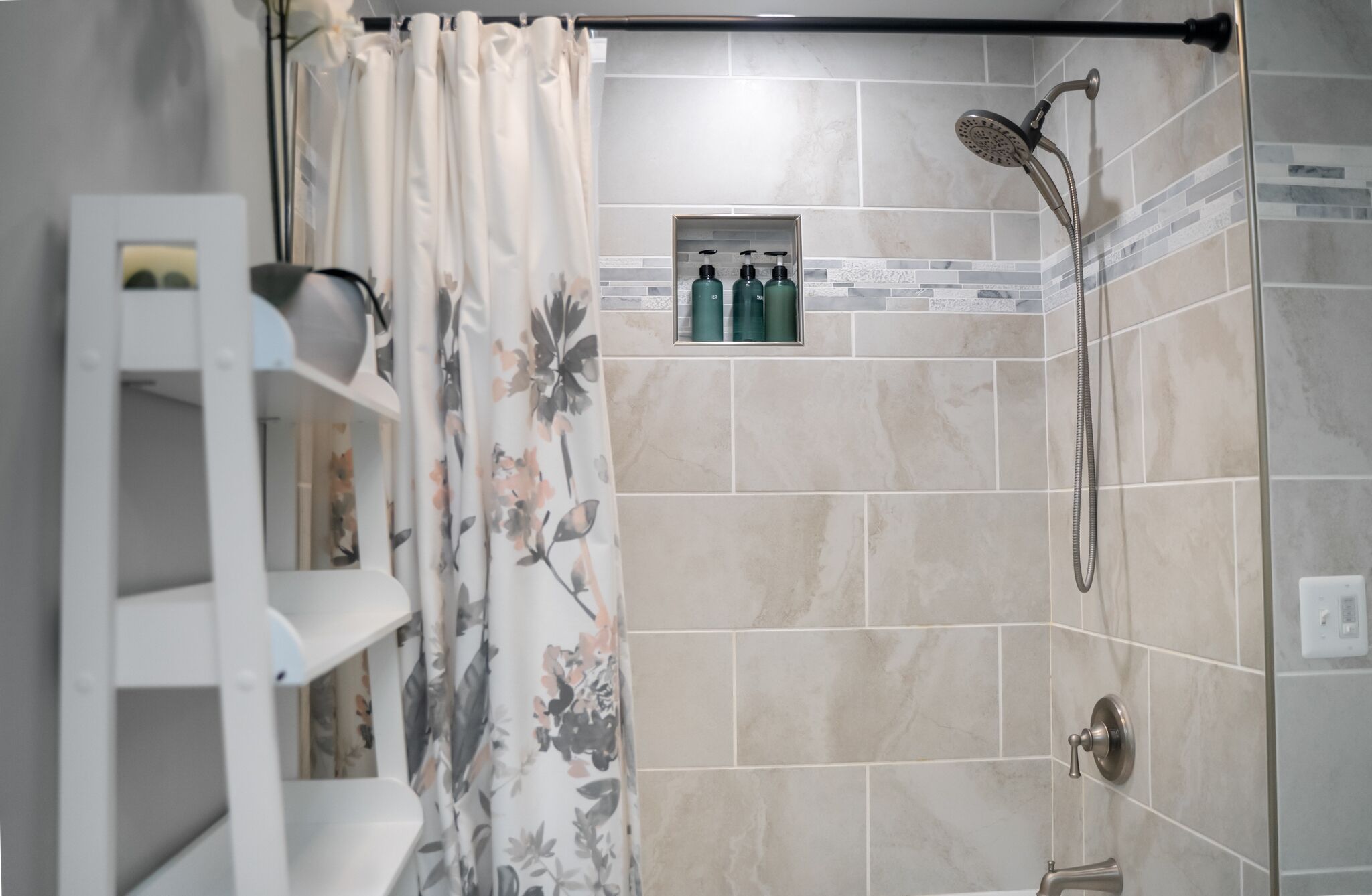 Hair dryer, towels, soap, shampoo