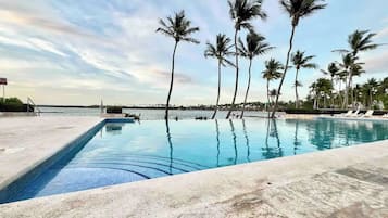 Relax by the serene pool surrounded by palm trees and lounge chairs.