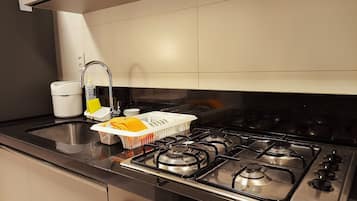 Family Apartment | Private kitchen | Coffee/tea maker, fridge, microwave, cookware/dishes/utensils
