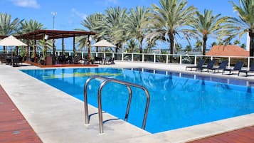 A swimming pool with lounge chairs and umbrellas, surrounded by palm trees.
