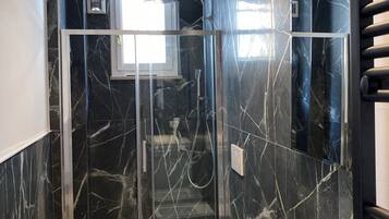 Hair dryer, towels, soap, toilet paper