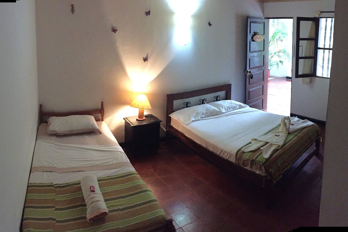 Habitación con dos camas individuales, cada una con una mesita de noche y una lámpara. Se observa una puerta de madera con un espejo y una ventana con cortinas.
