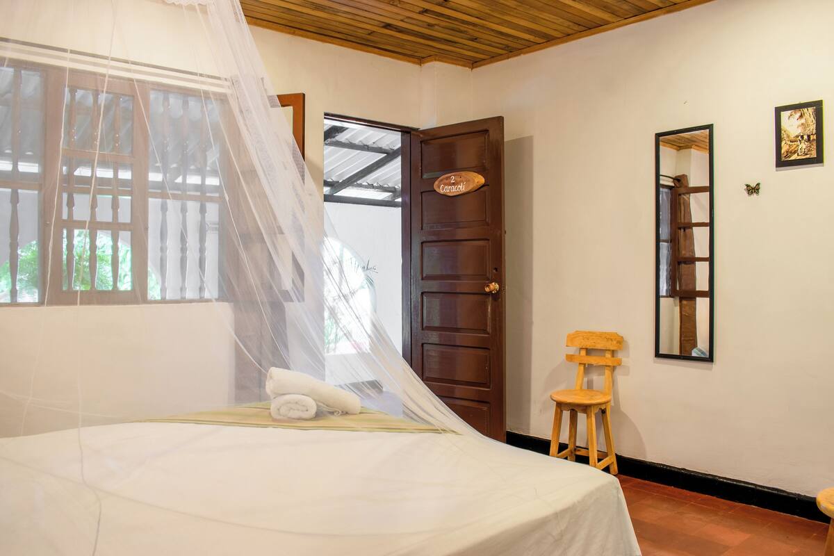 Una habitación con una cama, una silla de madera, una puerta y una ventana con cortina.