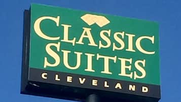 A sign for Classic Suites in Cleveland.