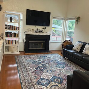 Smart TV, fireplace, books, computer monitors
