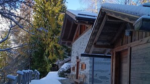 A snow-covered wooden building with a stone exterior, a wooden porch, and a snow-covered pathway. - Chalet Maso Salam (Bocenago)