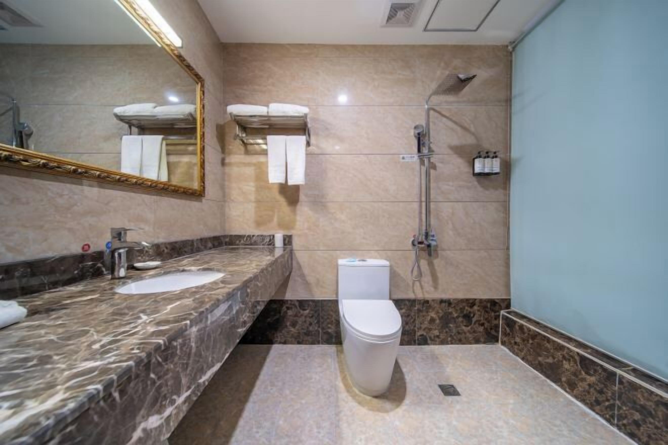 A bathroom with a marble sink, a toilet, a shower, and a mirror.