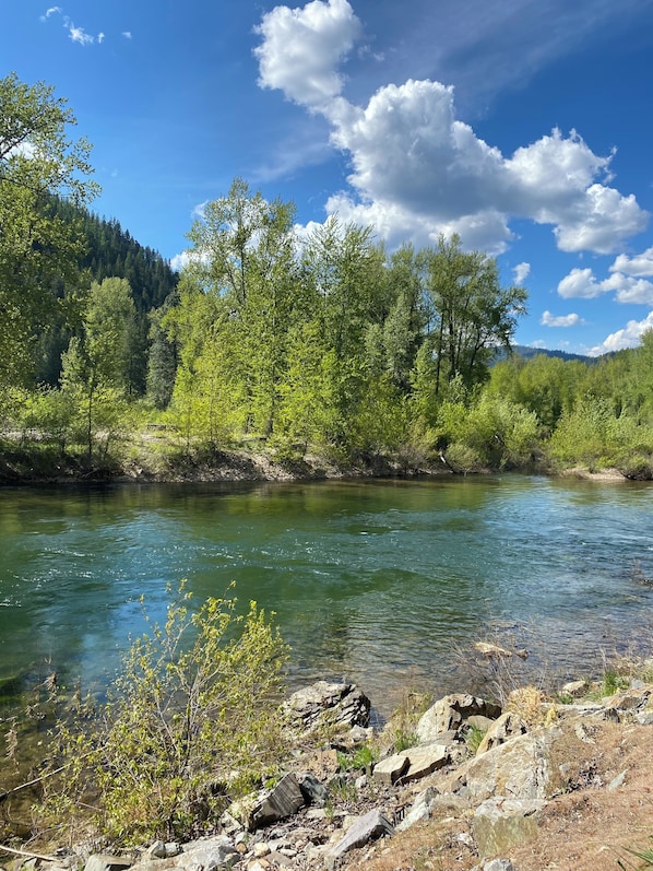 Een heldere rivier, omringd door groene bomen en rotsen.
