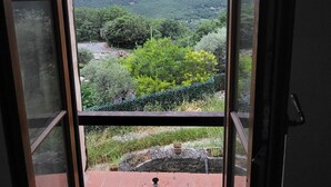 Una habitación con ventana abierta que muestra un paisaje exuberante con árboles y un arcoíris distante.