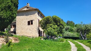 Una casa de piedra con techo de tejas, rodeada de abundante vegetación y un sendero de piedra.