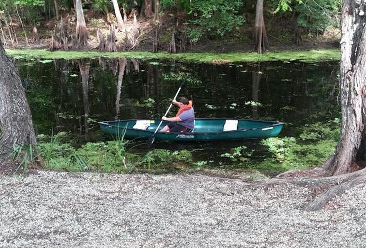 A person in a canoe on a river surrounded by trees.