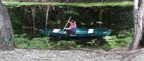 A person in a canoe on a river surrounded by trees.