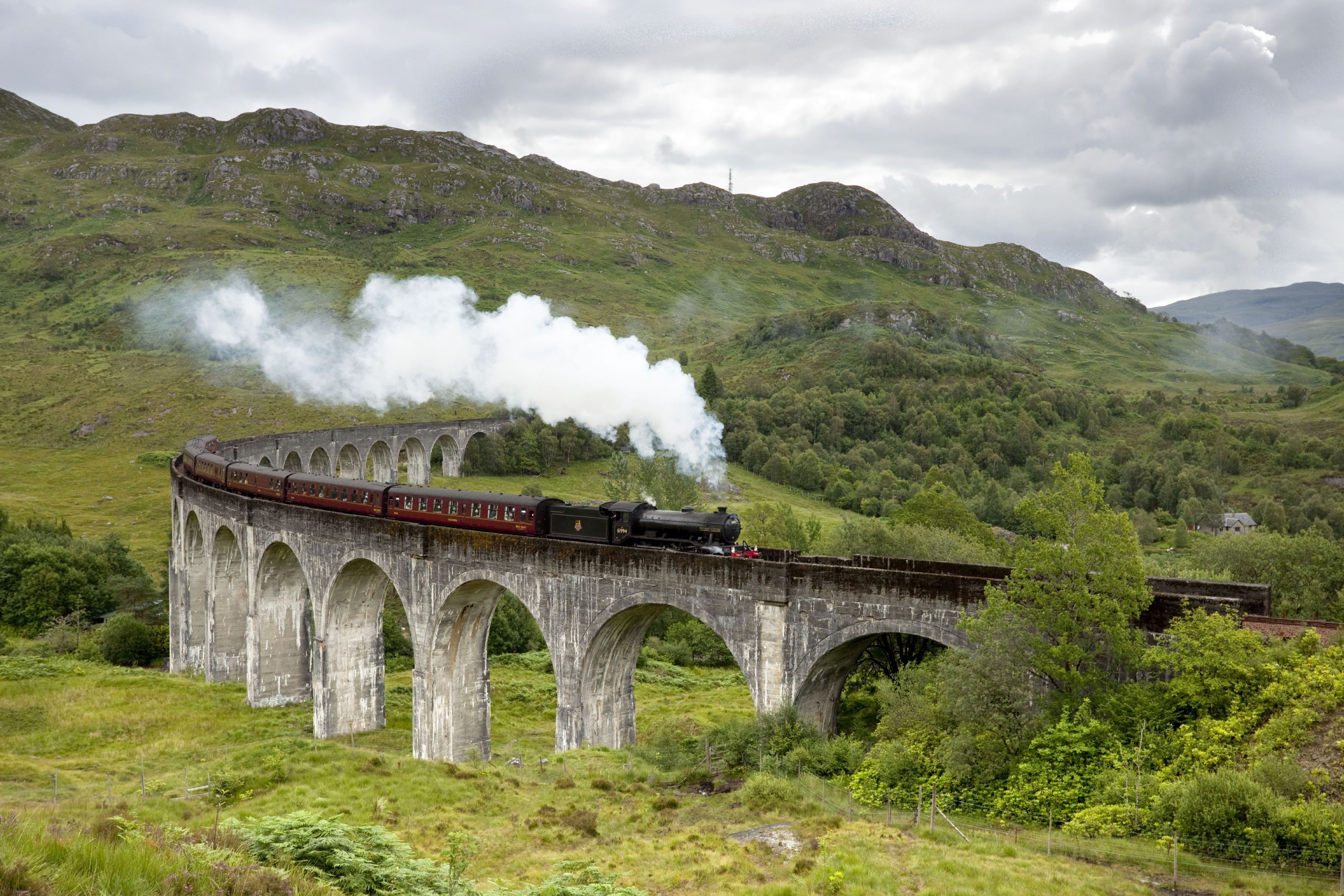 Un train à vapeur traverse un viaduc en pierre dans une vallée verdoyante.