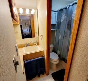 Hair dryer, towels, soap, toilet paper