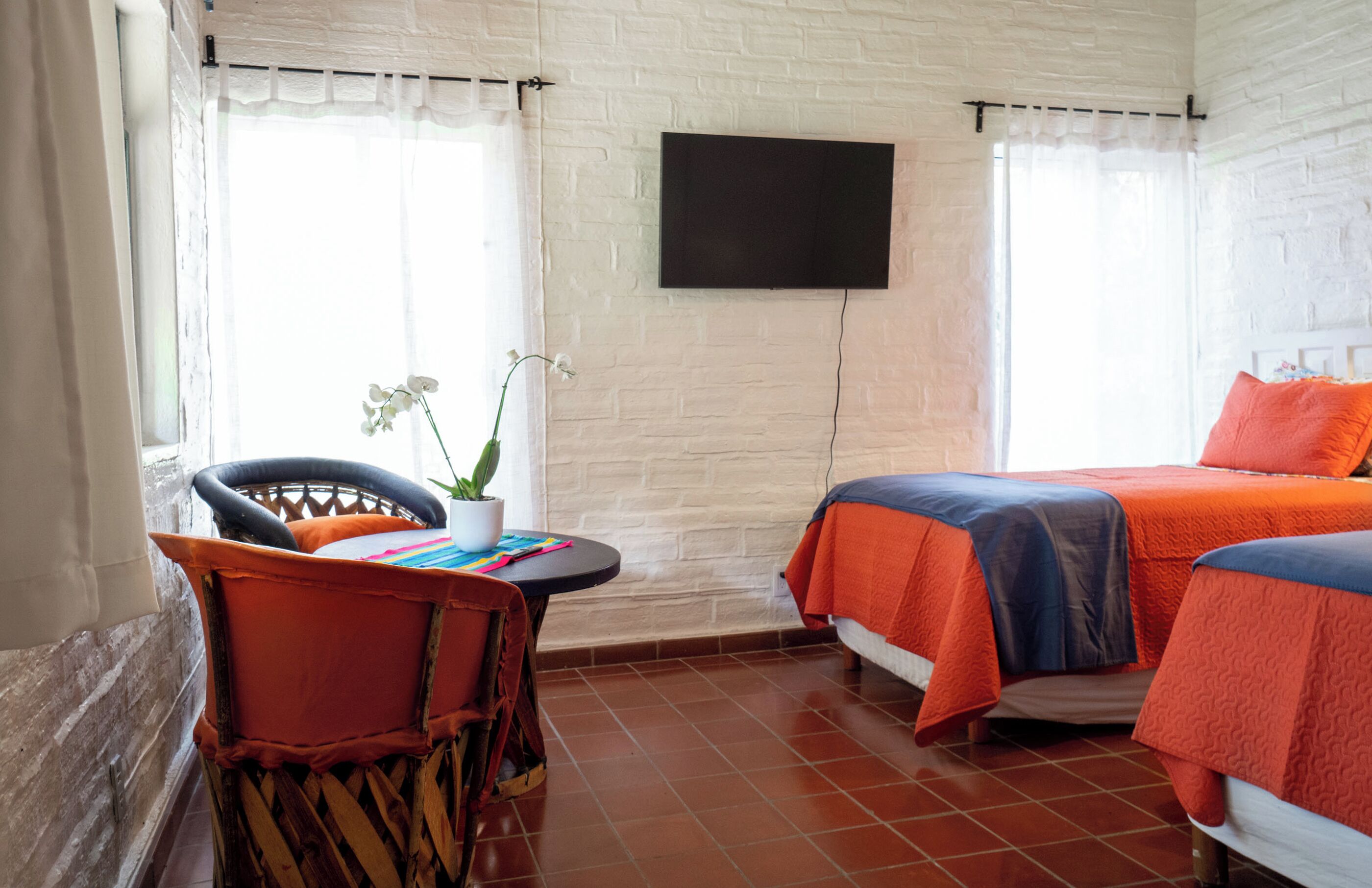 A room with two beds, a flat-screen TV, a chair with a potted plant, and a small table.