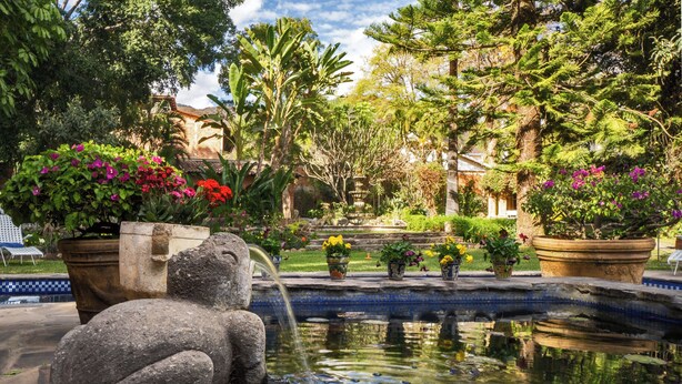 A garden with a fountain, potted plants, and a stone sculpture. - Garden of Dreams Boutique Hotel (Chapala)