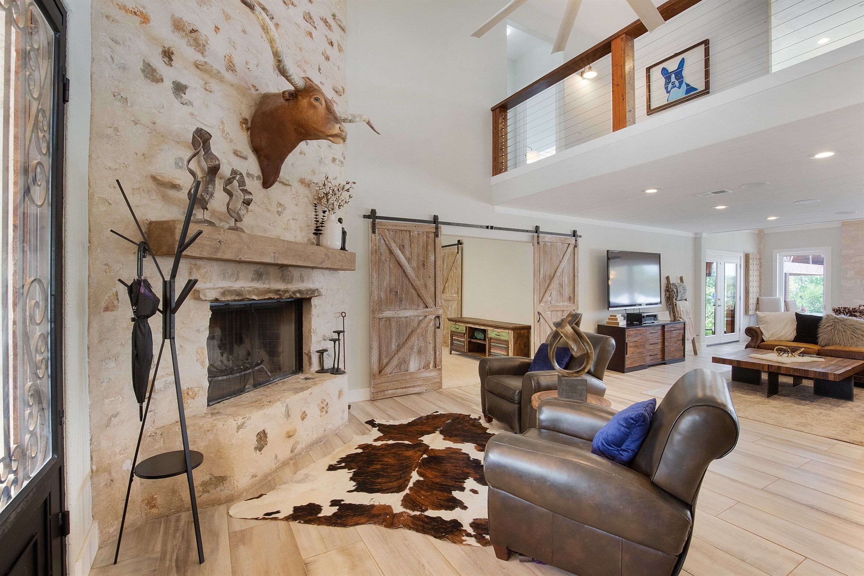 Smart TV, fireplace, books