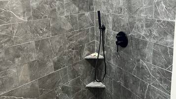 Hair dryer, towels, soap, shampoo