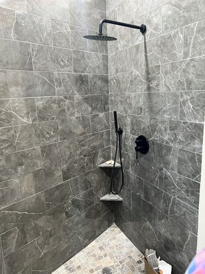 Hair dryer, towels, soap, shampoo