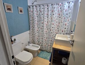 Shower, hair dryer, bidet, towels