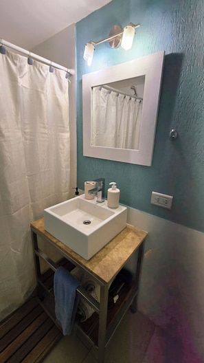 Shower, hair dryer, bidet, towels