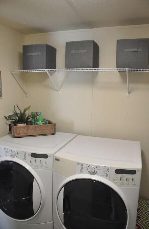 A laundry area with two front-loading washing machines, a shelf with storage boxes, and a small plant on a table.