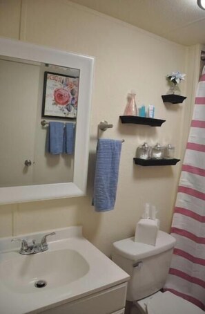 A bathroom with a sink, toilet, and two shelves with toiletries. - Low Rent Rendezvous (Lebanon)