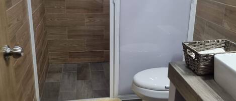 A bathroom with a shower, toilet, and a small rug.