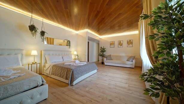 A hotel room with a wooden ceiling, two beds, a sofa, and several potted plants. - Vitti's home verona 2 - Cittadella  (Verona)