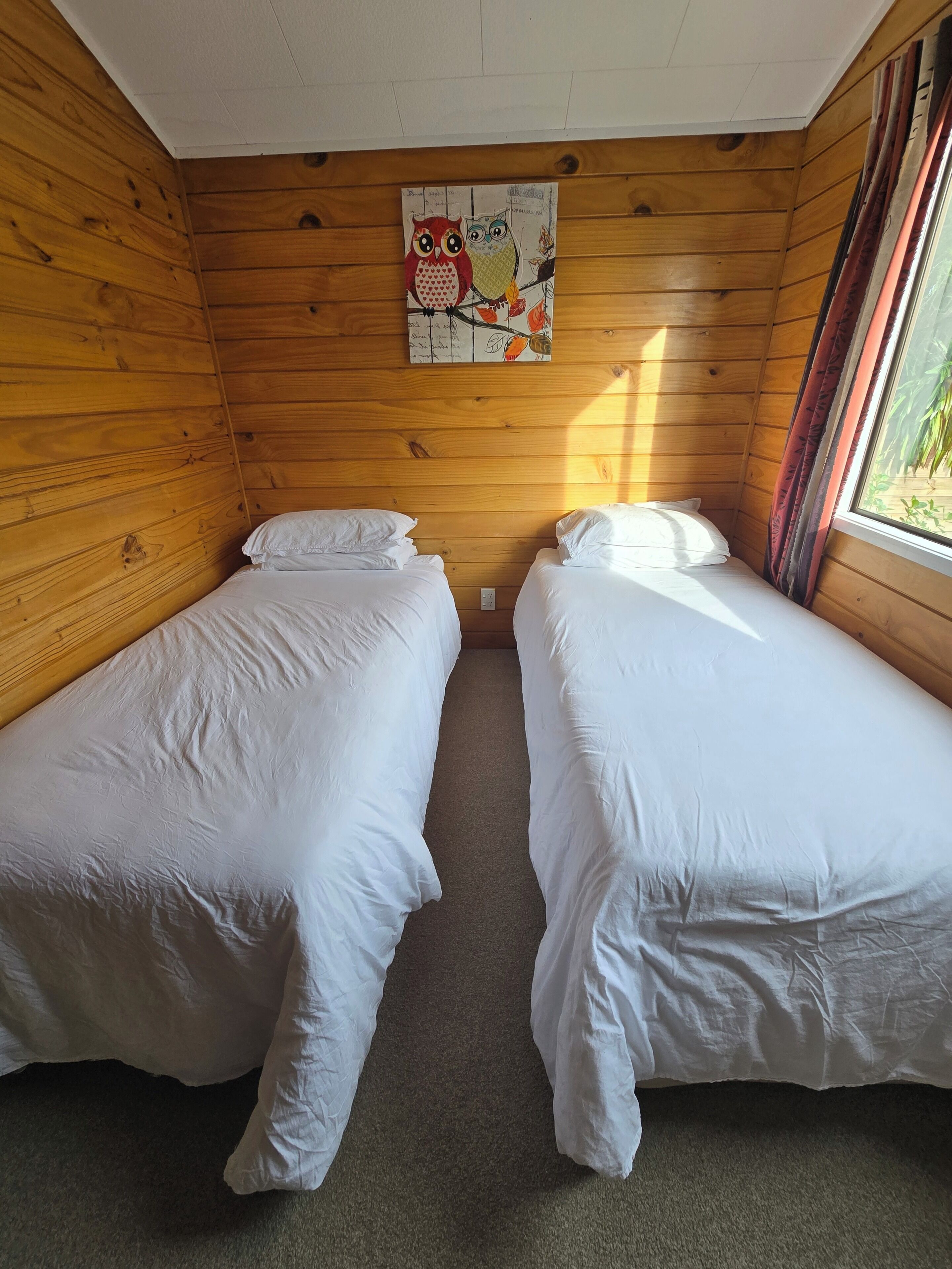 Een kamer met twee eenpersoonsbedden, houten wanden, een raam met gordijnen en een decoratie van uilen op de muur.