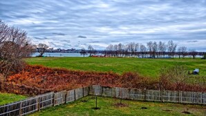 Een grasrijk park met een houten omheining, een kleine vijver en bomen op de achtergrond.