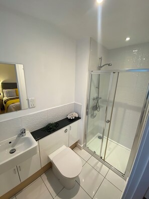 Shower, hair dryer, towels