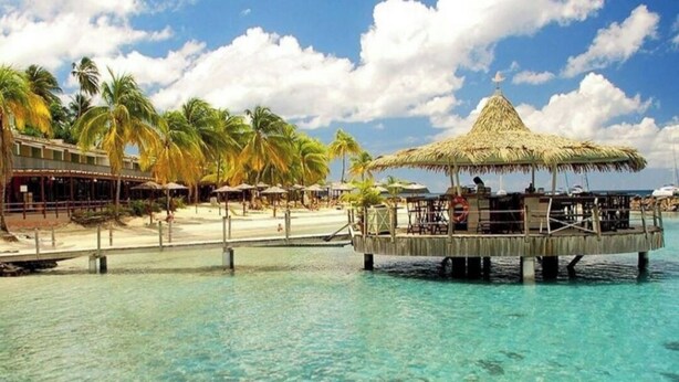 Un resort tropical con un bar sobre el agua con techo de paja, palmeras y agua cristalina.