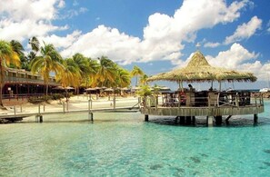 Un resort tropical con un bar sobre el agua con techo de paja, palmeras y agua cristalina.