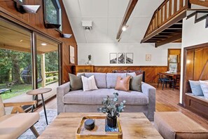 TV, lareira, pebolim, livros