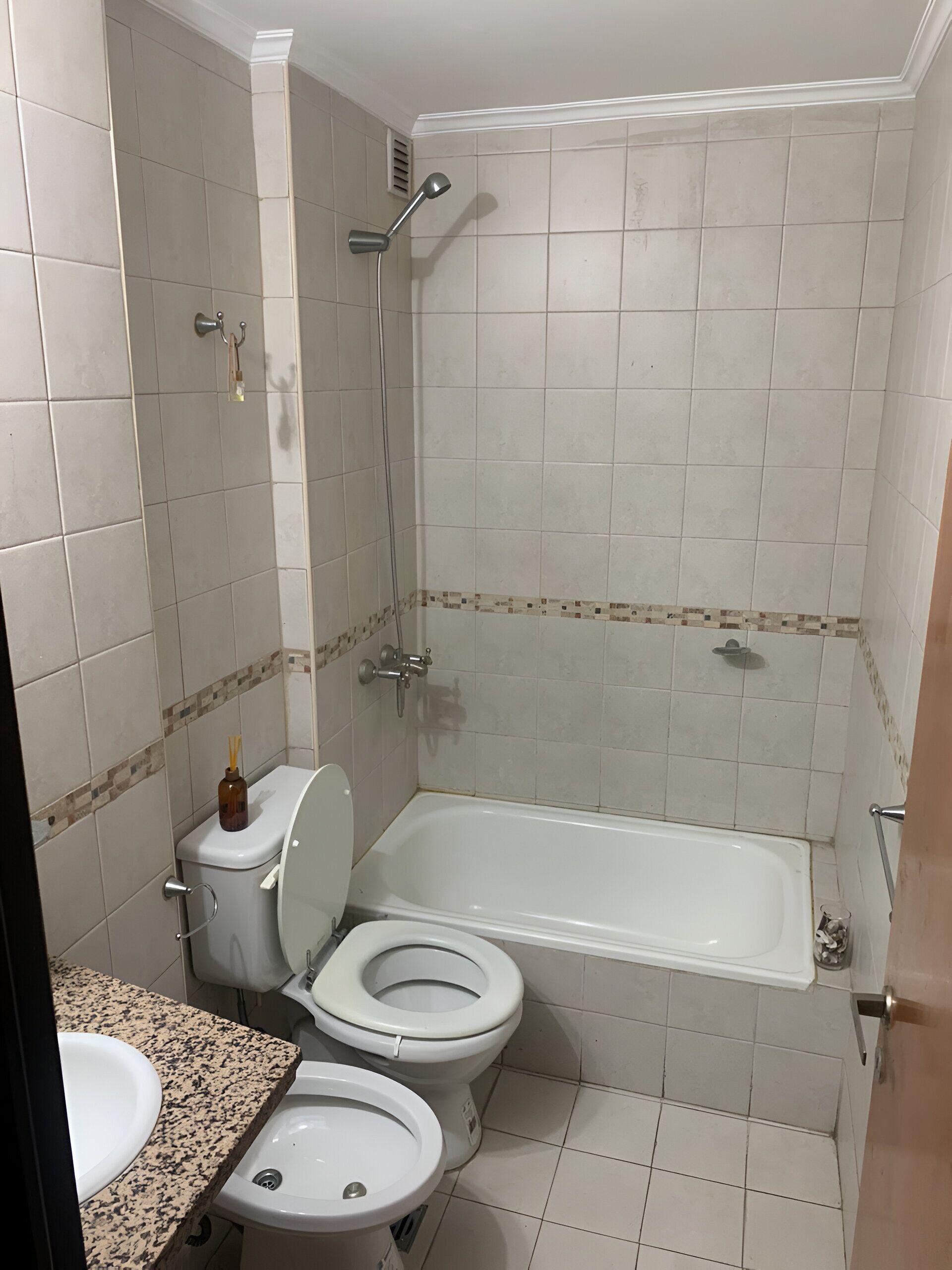 Bidé, håndklær, såpe og toalettpapir