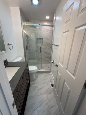 Hair dryer, bidet, towels, soap