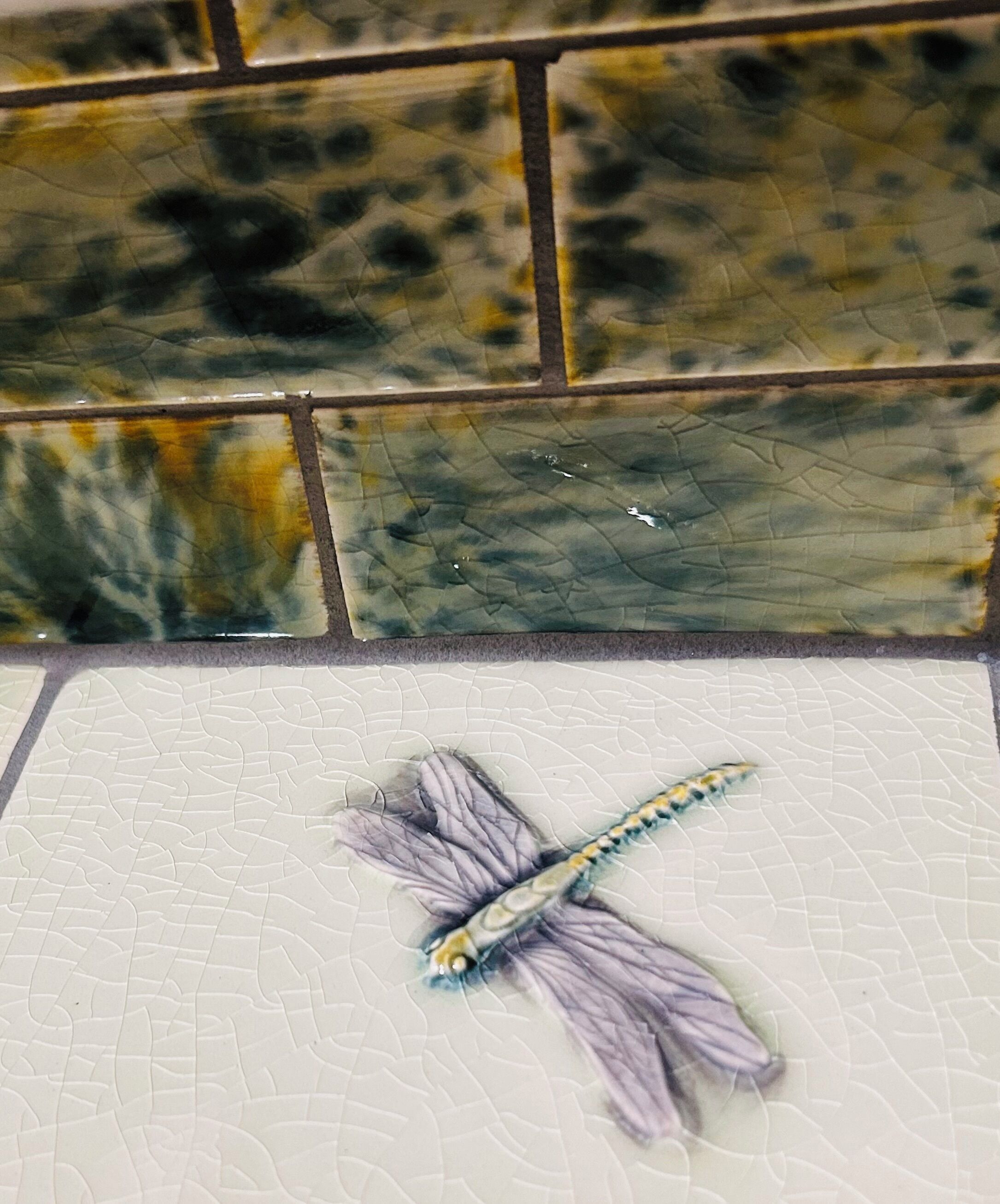 A bathroom with a tiled wall and a decorative dragonfly on the floor.