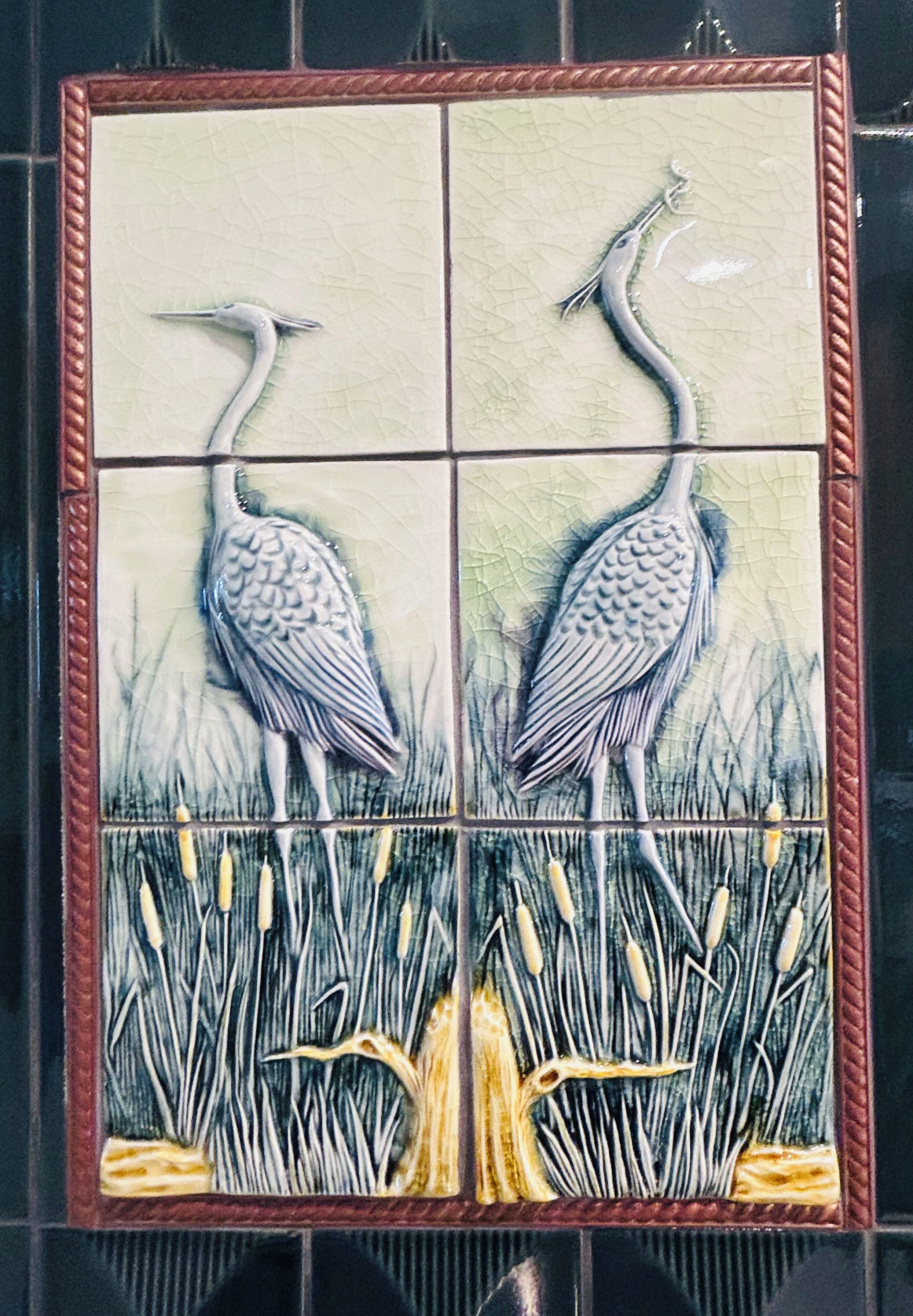 A mosaic of two herons standing in a field with tall grass.