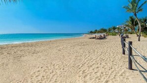 A beach with clear blue water, palm trees, and a sandy shore. - Casa Bonita, Oceanfront, Private pool condo, Mareazul (Playa del Carmen)