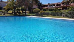 A clear blue pool surrounded by a well-maintained garden and residential buildings.