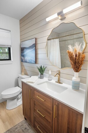 Hair dryer, towels, soap, toilet paper