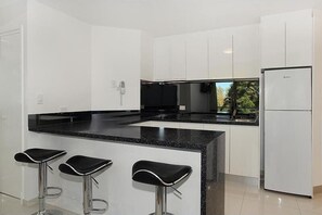 Fridge, microwave, stovetop, toaster