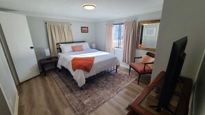 Une chambre d’hôtel comprenant un lit, une table de chevet, une lampe, une chaise, une télévision et une fenêtre avec des rideaux.