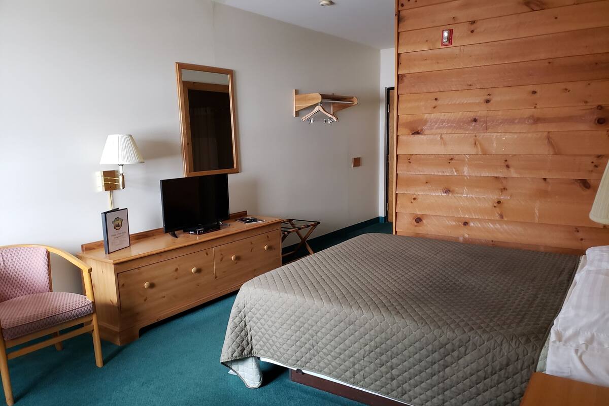 A bedroom with a bed, a dresser, a chair, a television, and a wooden wall.