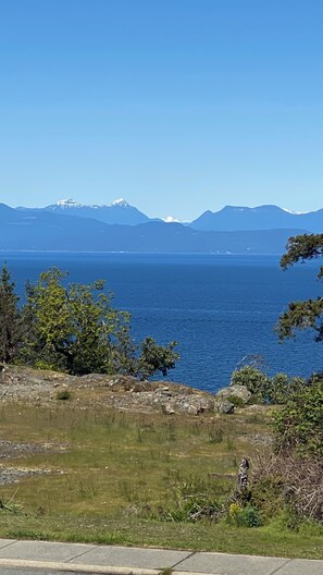A coastal landscape with a clear view of the sea and distant mountains.